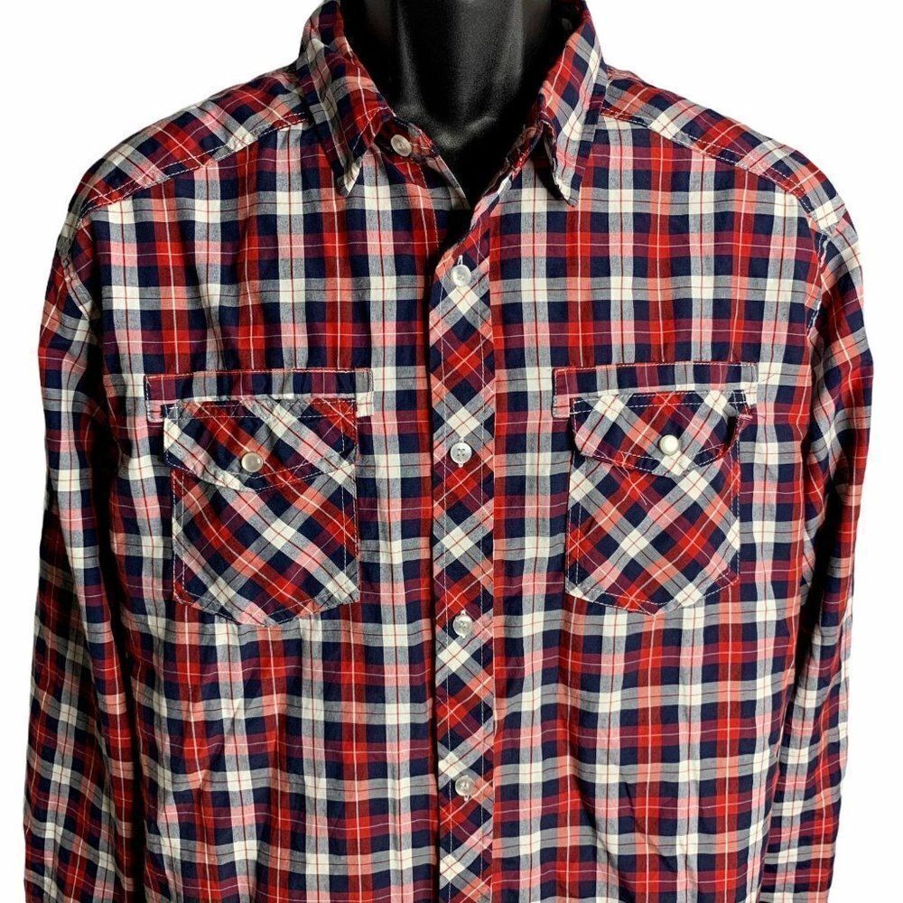 Straight Faded Plaid Button Up Shirt XL Red
